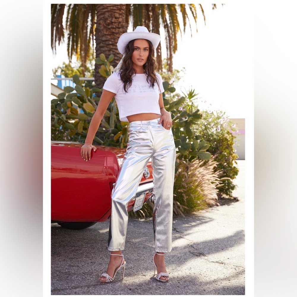 12th Tribe Aimmia Metallic Silver Straight Leg Pants